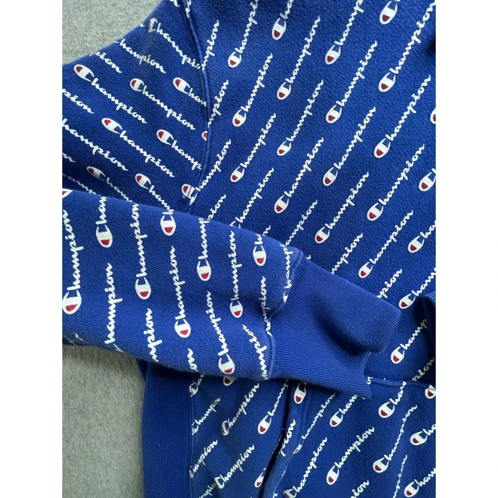 Champion Reverse Weave Hoodie Royal Blue All Over Script Logo Print Mens Large